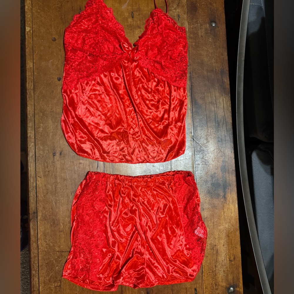 Red charmeuse & lace sleep cami short set L XL